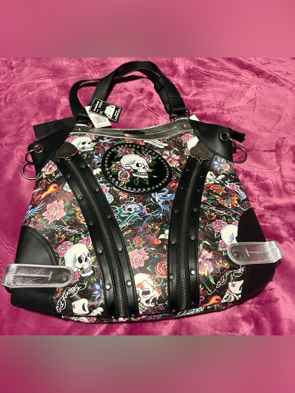 Ed Hardy Black Tattoo Skull & Rose Studded Tote